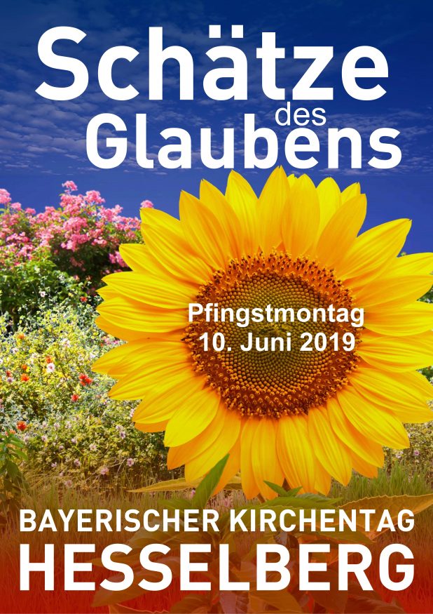 Bild des Plakats zum Bayerischen Kirchentag 2019 auf dem Hesselberg, der unter dem Thema "Schätze des Glaubens" steht.