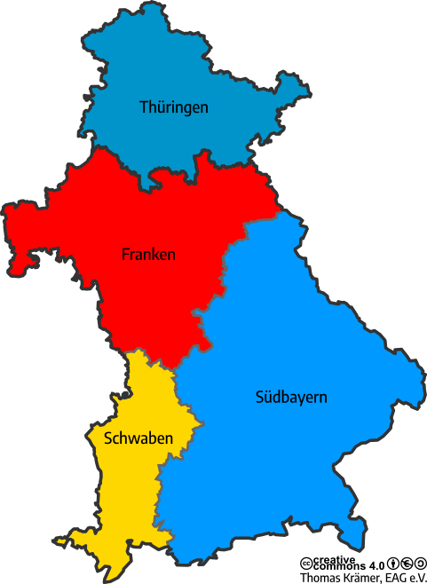 Grafische Darstellung der Bezirke der Evangelische Arbeitsgemeinschaft für Soziale Fragen in Bayern und Thüringen e. V. als Landkarte.
